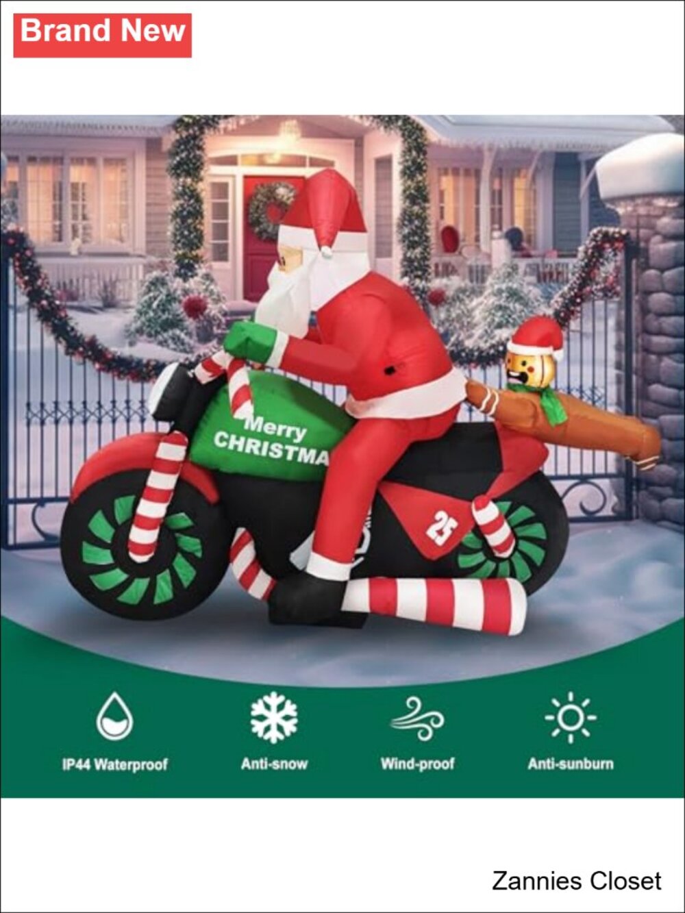 π 6FT Christmas Inflatable Santa Riding Motorcycle with Gingerbread Man LED - Picture 3 of 6